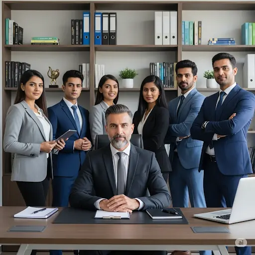TaxBizMantra finance & tax consultancy team in India. Professional team of accountants and business consultants in formal suits, standing confidently in an office with bookshelves, led by a senior consultant seated at a desk.