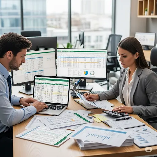 Finance professionals analyzing reports and spreadsheets – Accounting standards, IFRS compliance, and financial reporting practices