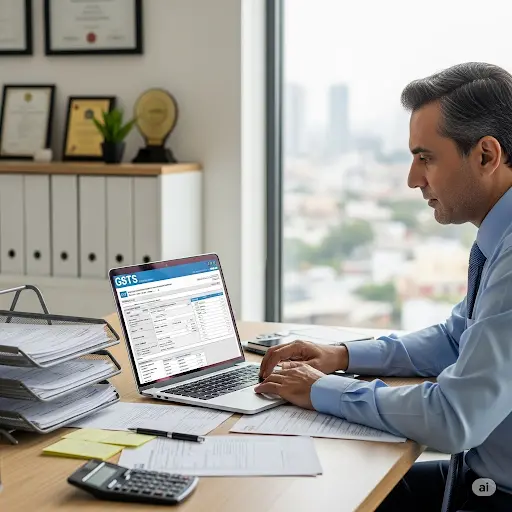 Business professional working on GST return filing and compliance with laptop and documents – GST tax filing and Input Tax Credit guide India”