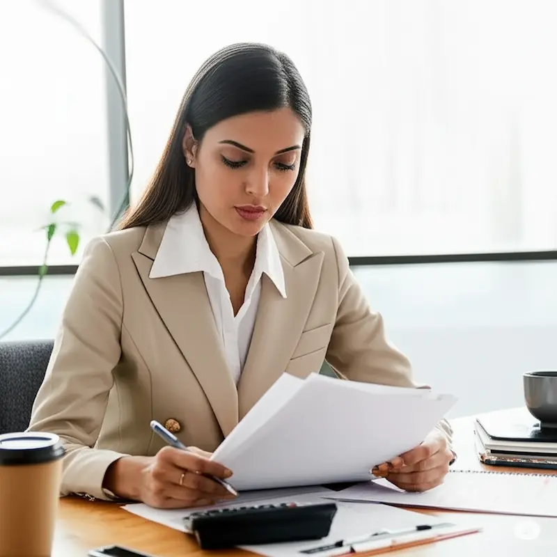 Female professional reviewing income tax documents and financial statements in office – income tax filing concept