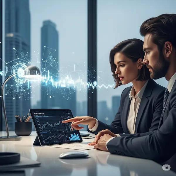 Finance professionals analyzing stock market charts for investment and wealth planning strategies including mutual funds, equities, and retirement planning