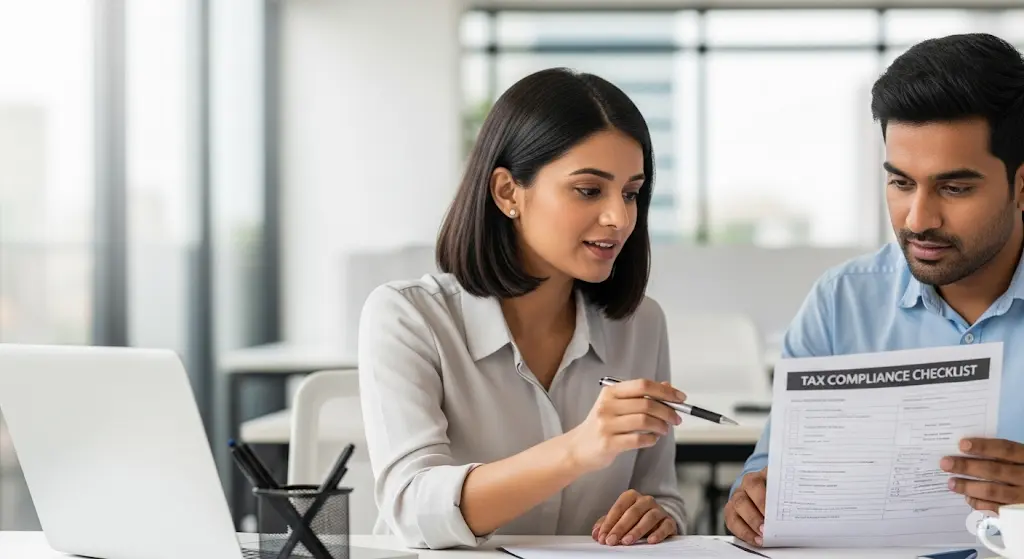 Two Indian professionals (woman and man) reviewing tax compliance checklist together