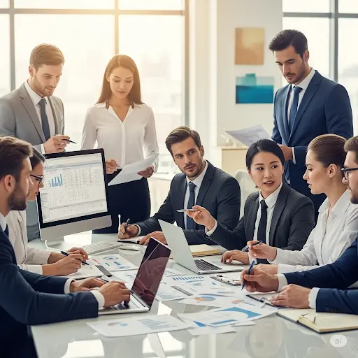 Business team in a corporate meeting discussing finance, tax compliance, and growth strategies with laptops and charts
