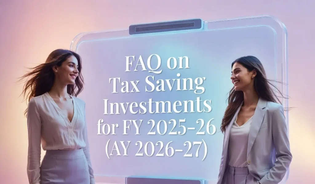 two smiling women standing with banner of FAQ on tax saving investments FY 2025–26