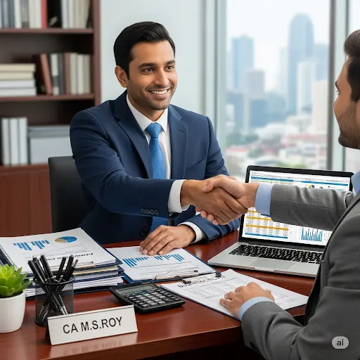 CA M.S. Roy consulting with a client, shaking hands across the desk, symbolizing trust, financial expertise, and successful tax advisory services