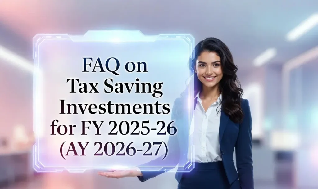 Professional presenting the banner of FAQ on tax saving investments FY 2025–26
