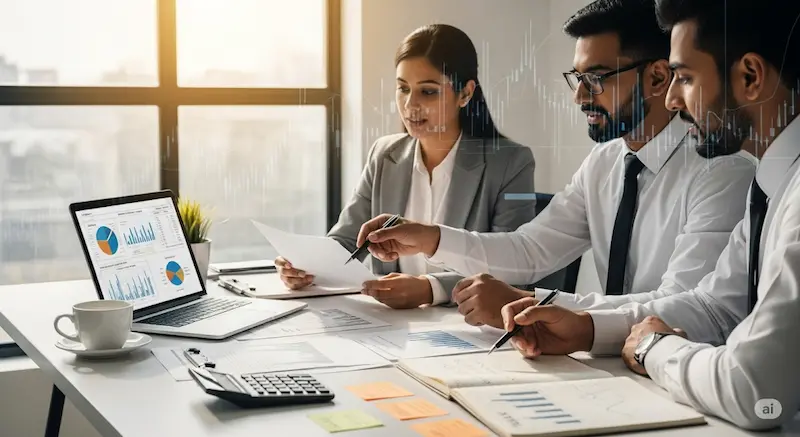 Tax & finance tools (India) — free online calculators; team reviewing income tax and GST documents