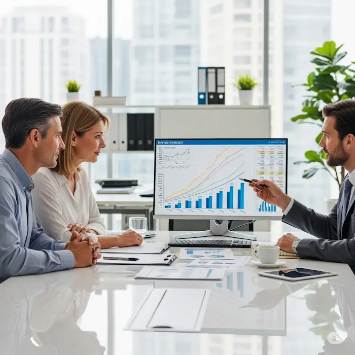 Couple or professional reviewing investment charts with a financial advisor.