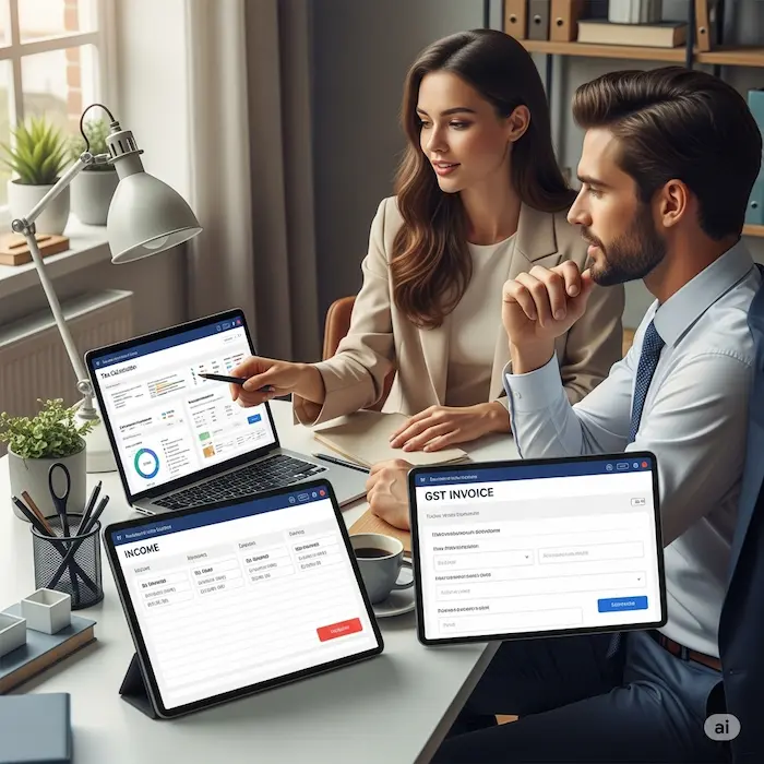 Income Tax Calculator India and GST invoice generator on laptops — tax & finance tools, free online calculators