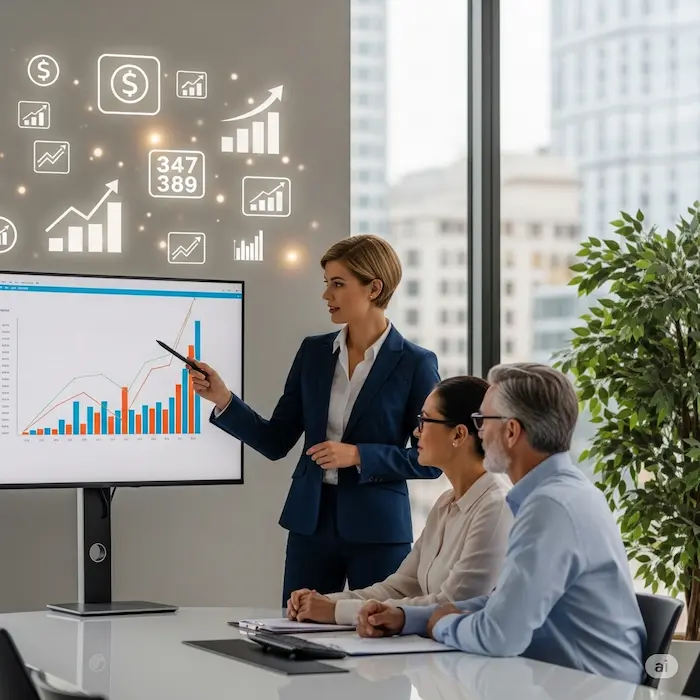 Professional advisor explaining charts to clients with financial growth icons in background.