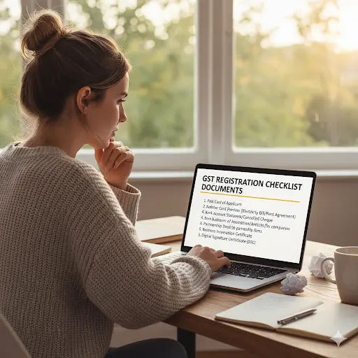 women reading the gst registration checklist in her laptop