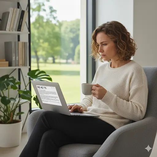 Women reading the IND AS 115 on her laptop
