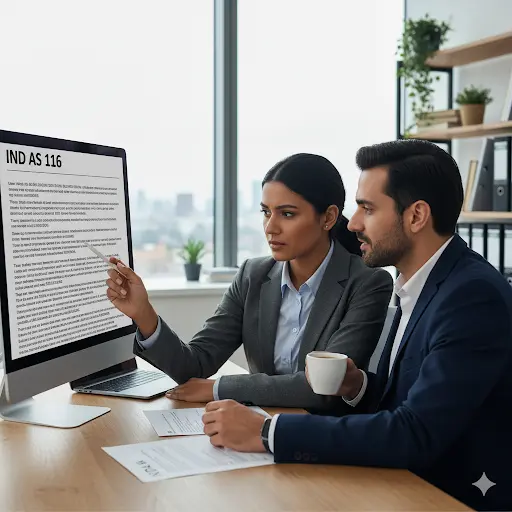 Professional reading the IND AS 116 Lease accounting on their computer