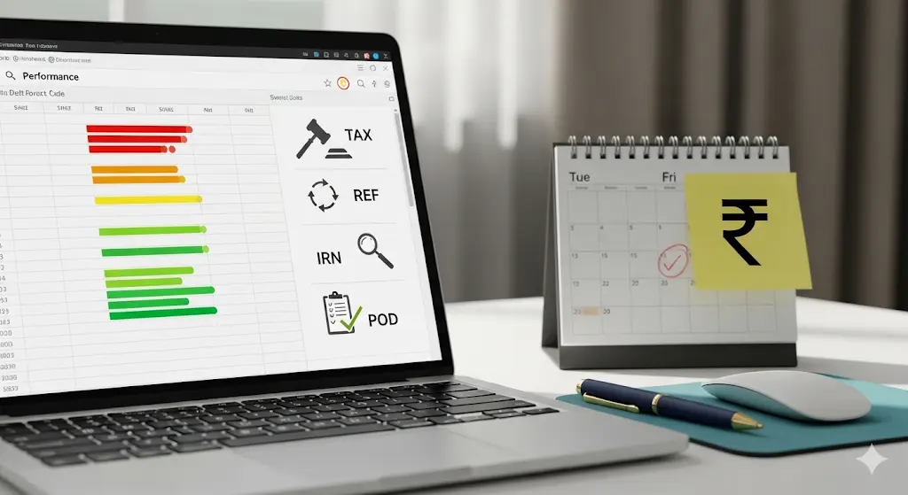 Finance desk with invoice-defects dashboard and weekly Tue/Fri payment rhythm