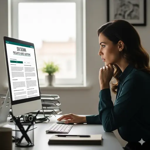 women is reading the FAQ on six sigma