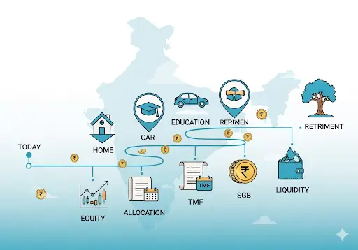 Investing roadmap for Indian goals with equity, debt,TMFs, gold, and liquidity icon