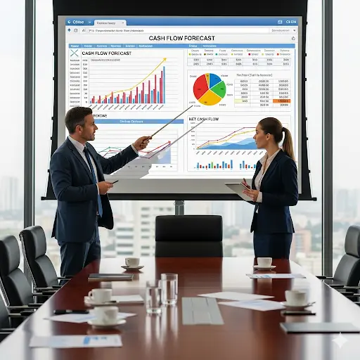 CFO review the cash flow forecast of company along with his assistant