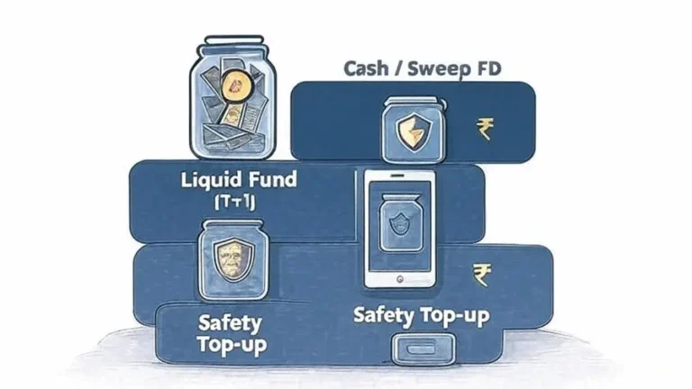Layered emergency fund for India showing Cash/Sweep FD for instant needs, Liquid Fund for short-term liquidity, and a safety top-up laye