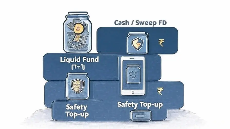 Layered emergency fund for India showing Cash/Sweep FD for instant needs, Liquid Fund for short-term liquidity, and a safety top-up laye