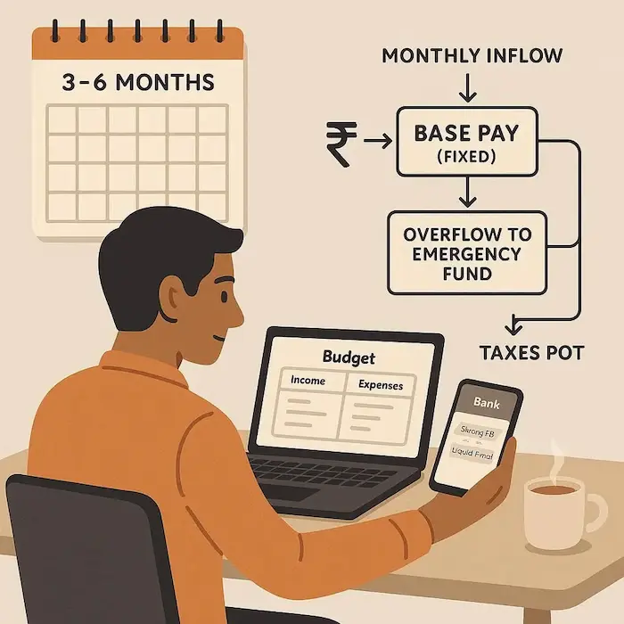 Freelancer using a Base-Pay model to route income into an emergency fund with Sweep FD and Liquid Fund buckets.