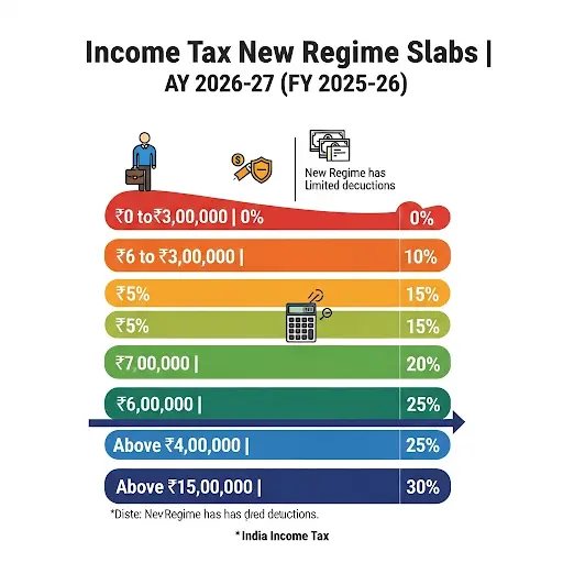 “Income Tax New Regime Slabs for AY 2026–27 (FY 2025–26) – infographic showing updated 7 slab rates in India.”