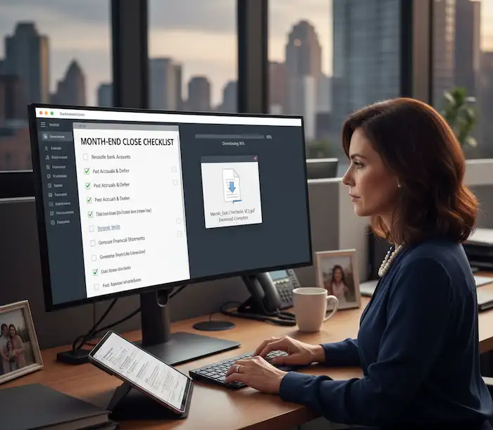 women is reading the month end close checklist