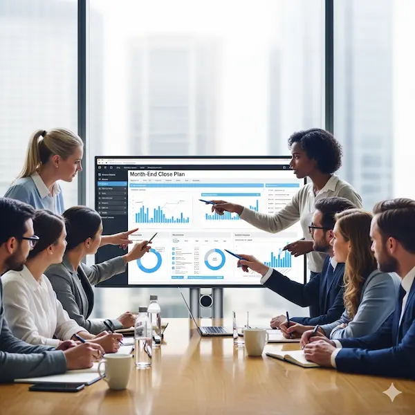 professional is discussing the month-end close plan in meeting
