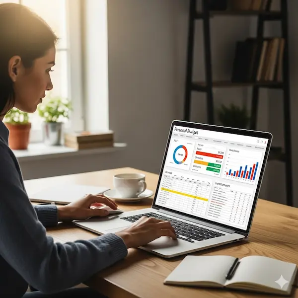 women analyzing the personal budget in her computer