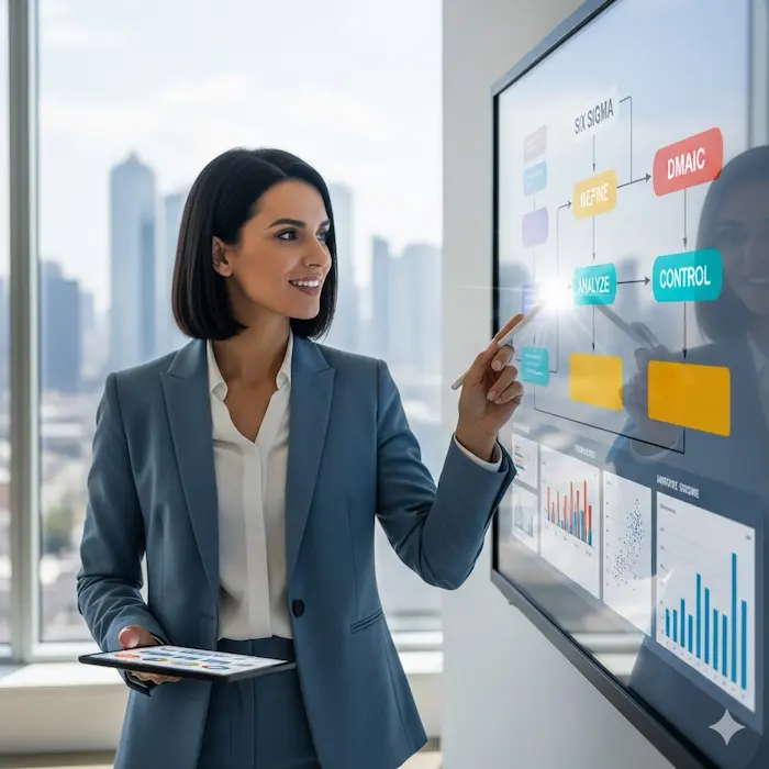 professional is reviewing the dashboard of six sigma and dmaic workflow