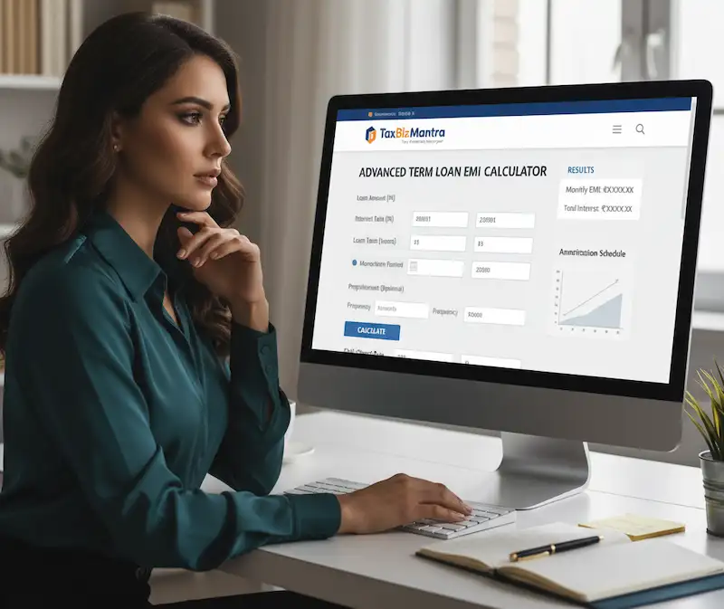professional using the advance term loan emi calculator on taxbizmantra