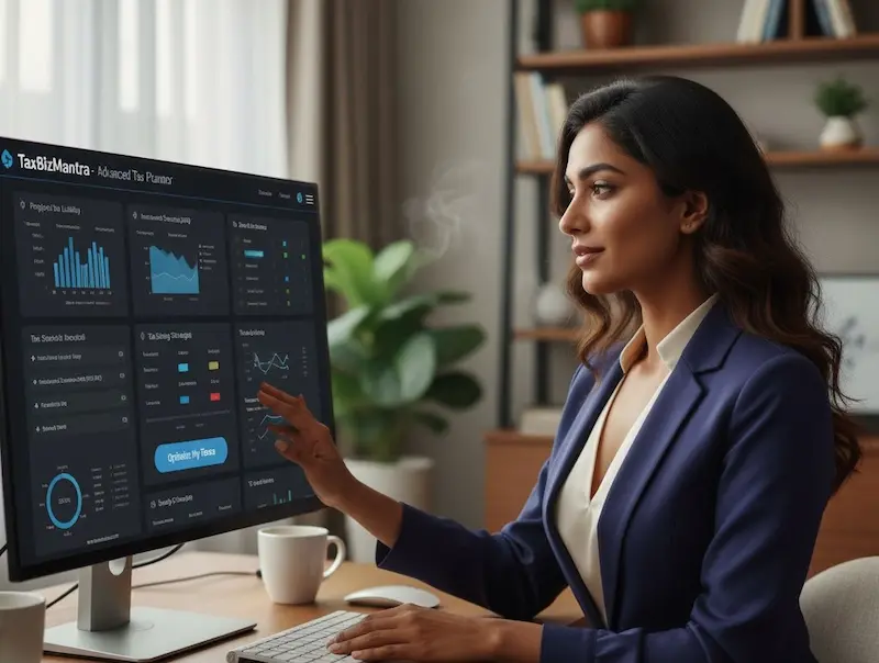 Advance-Tax Planner taxbizmantra is being used by the professional on her computer screen