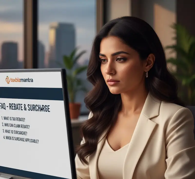 Faq on Rebate under Section 87A & Surcharge is being read by professional on taxbizmantra website.