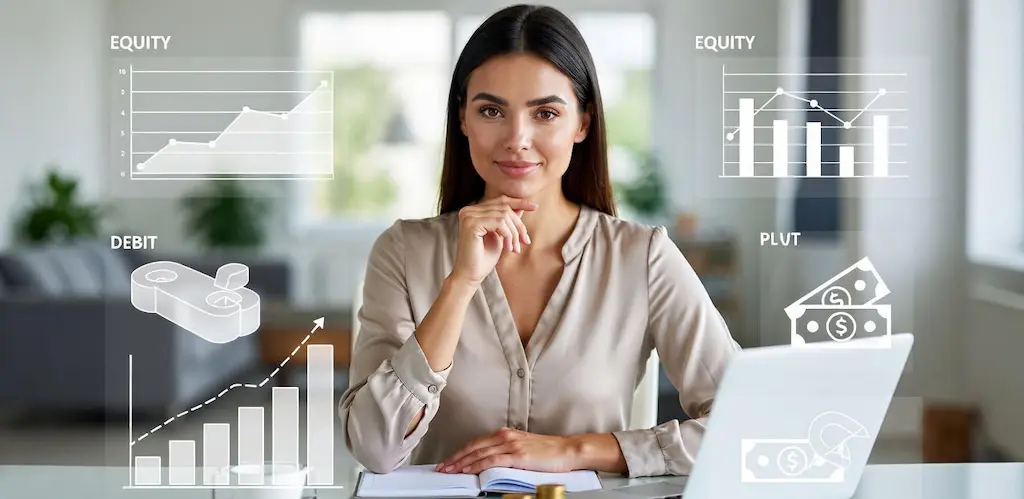 A professional woman sitting at a modern desk, thoughtfully planning her investments using a laptop and notebook