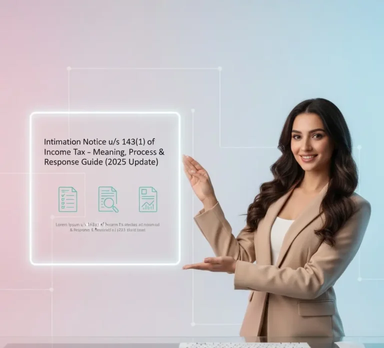 Confident woman in business attire pointing at a floating digital panel showing information on Intimation Notice u/s 143(1) of Income Tax