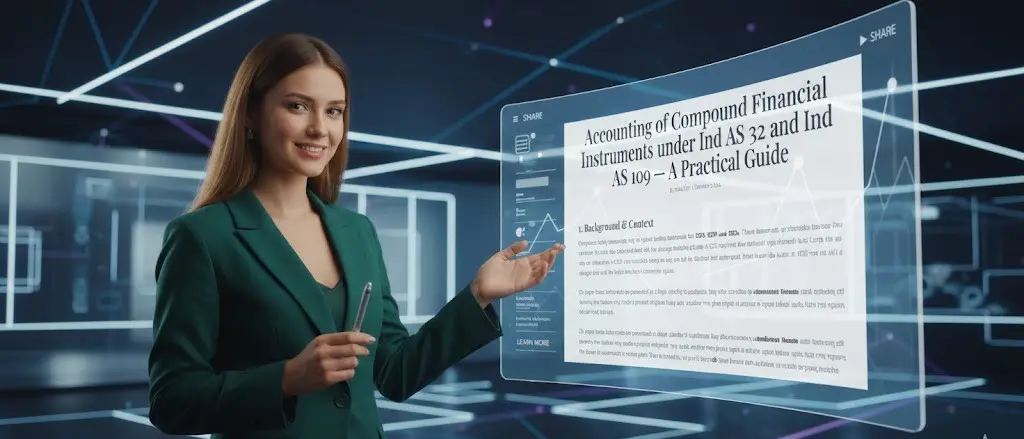 Female professional presenting a translucent floating document titled ‘Accounting of Compound Financial Instruments under Ind AS 32 and 109