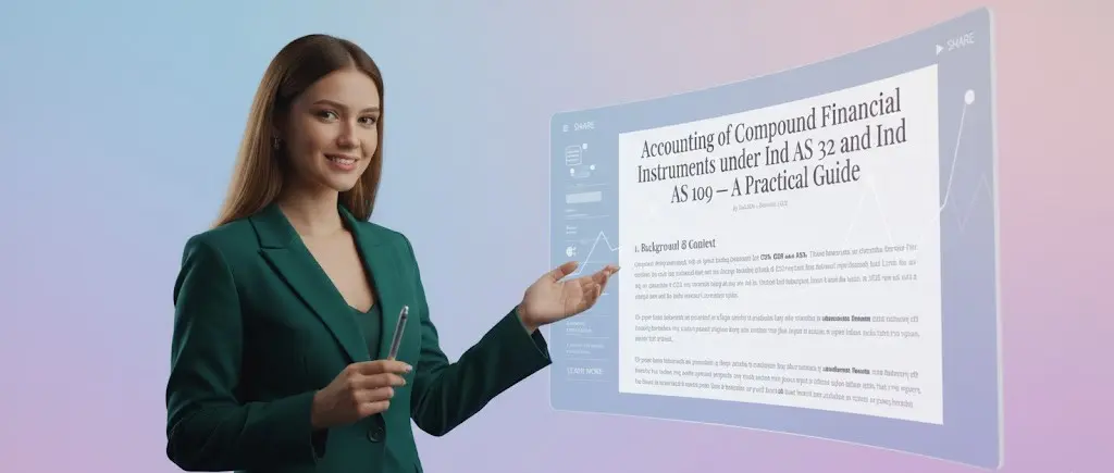 Businesswoman pointing to a futuristic digital screen showcasing an Ind AS article on compound financial instruments in a tech-themed background