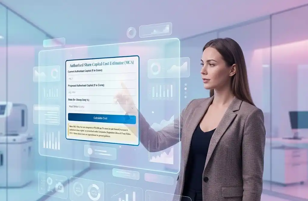 A business professional interacting with a digital interface displaying the Authorised Share Capital Cost Estimator (MCA) tool on TaxBizMantra.