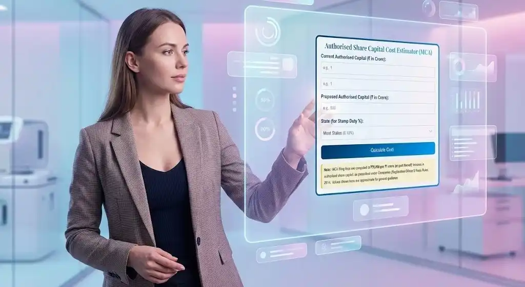 Woman using a virtual financial dashboard showing the MCA Authorised Share Capital Cost Estimator for calculating SH-7 filing fees and stamp duty.