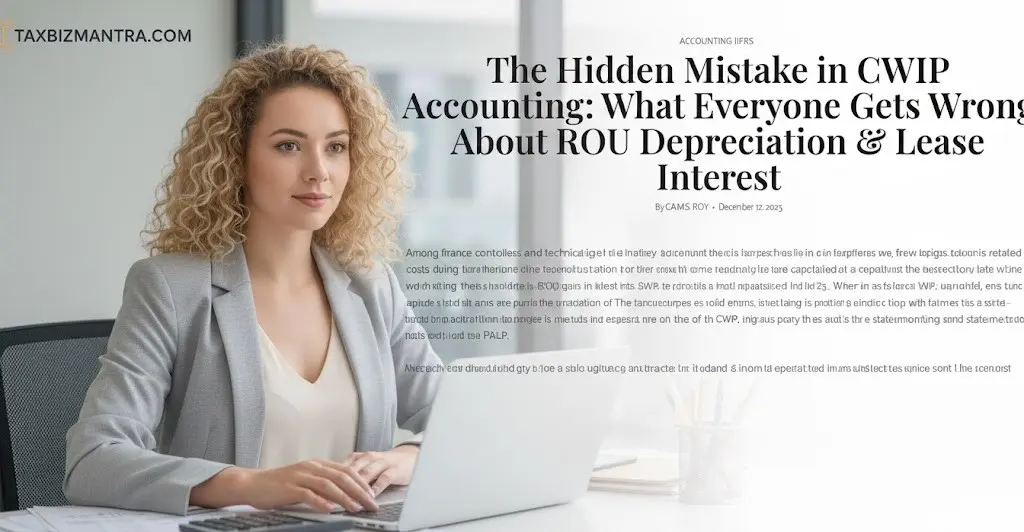 A businesswoman seated at a desk using a laptop, with an article titled ‘The Hidden Mistake in CWIP Accounting: What Everyone Gets Wrong About ROU Depreciation & Interest’ shown on screen