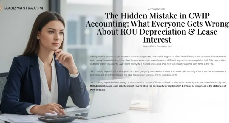 A professional woman reviewing financial information on a laptop while another colleague looks on, with a headline about ROU depreciation and lease interest displayed.