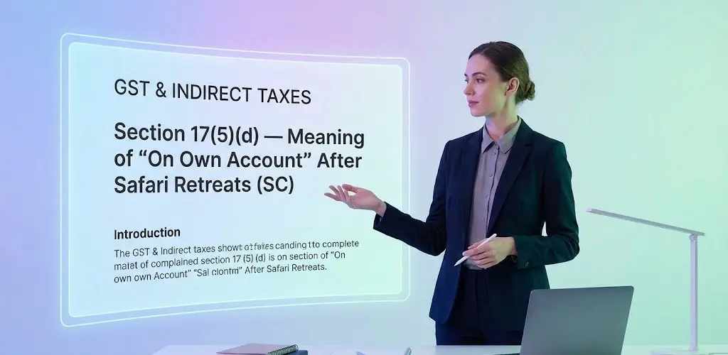 Presentation slide explaining Section 17(5)(d) GST and the meaning of “on own account” after the Safari Retreats Supreme Court judgment