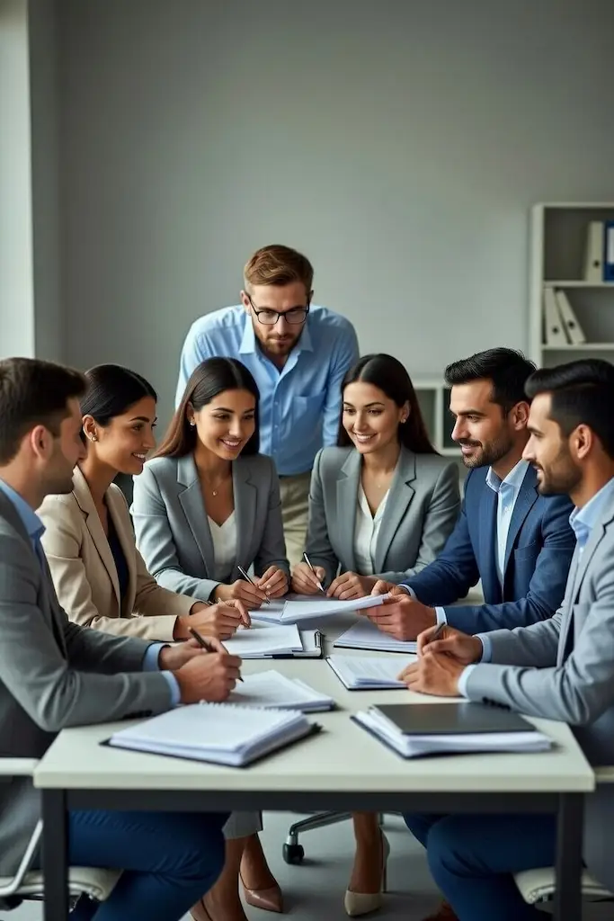 Tax and finance professionals collaborating on compliance documents during a team discussion