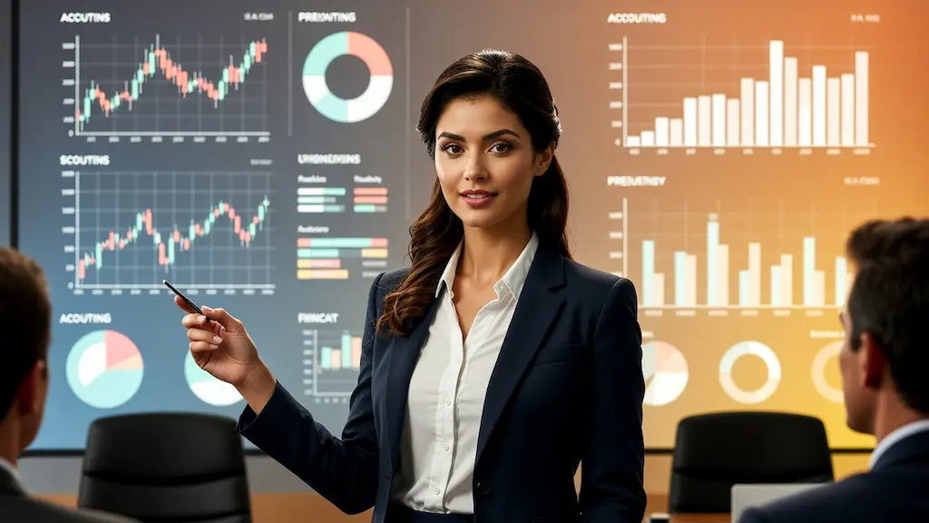 Finance professional explaining tax and financial data using interactive charts and dashboards