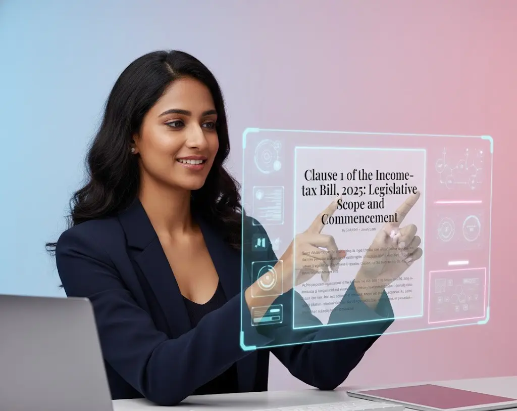 Tax professional explaining Clause 1 of the Income-tax Bill, 2025 on a digital screen