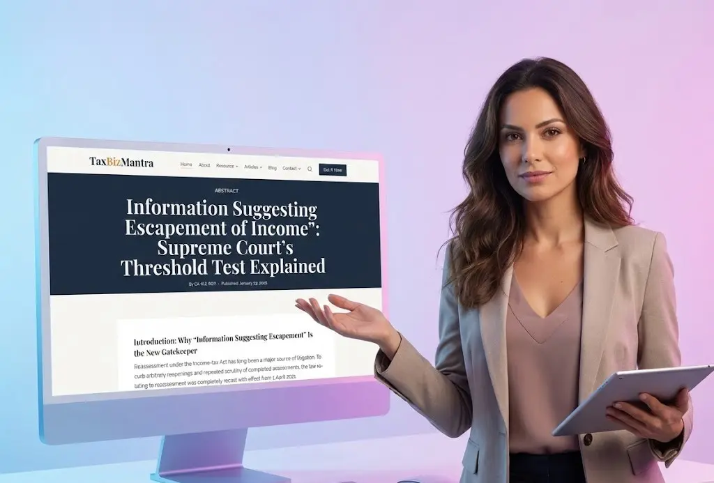 Tax professional explaining information suggesting escapement of income using a presentation screen