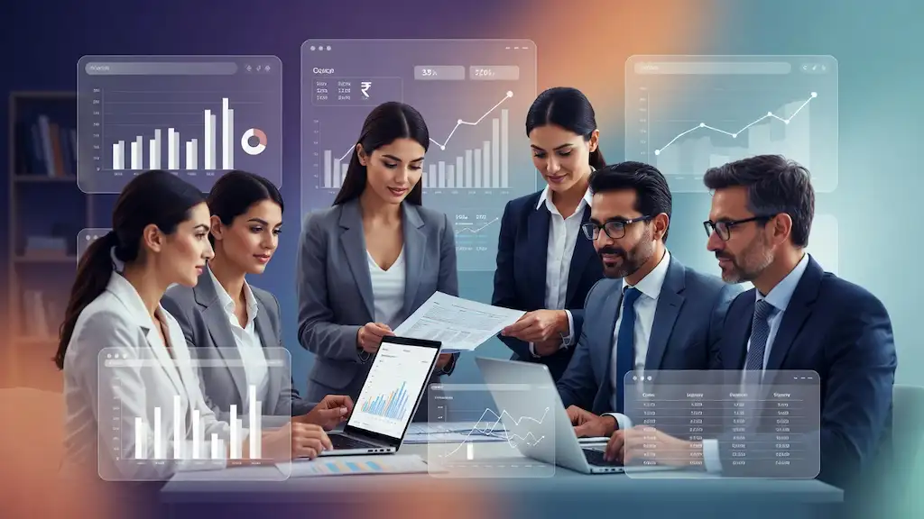 SME management team analysing financial data, budgets and profitability reports for better decision-making