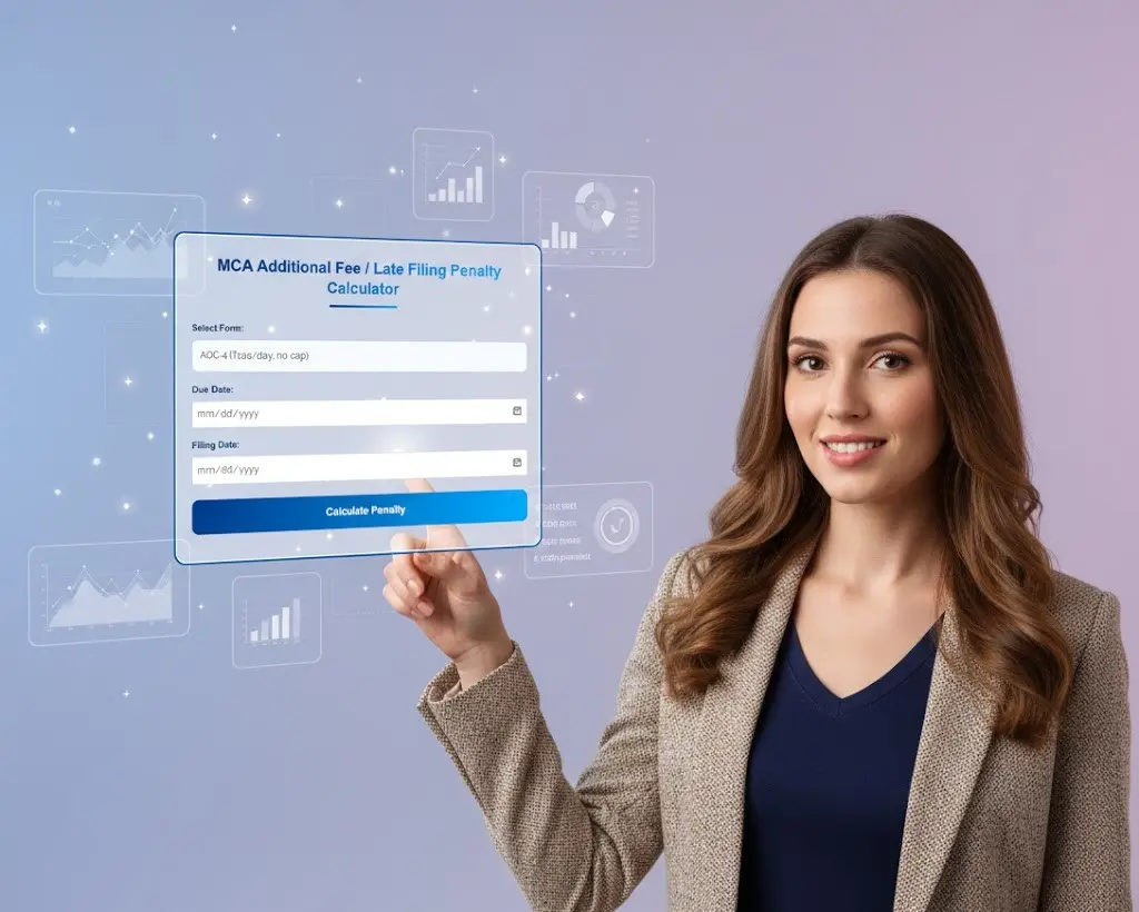 Demonstration of Section 403 ₹100 per day ROC late filing fee calculator dashboard