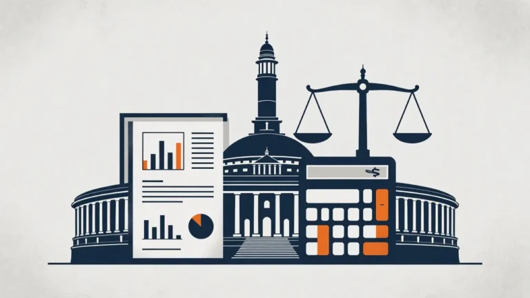 Union Budget 2026 key tax highlights illustration showing government building, charts, calculator and financial analysis