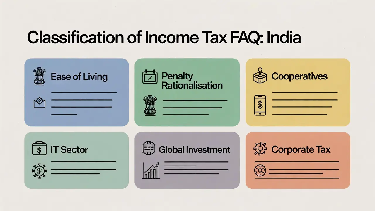 Classification of income tax FAQs under Budget 2026 shown through structured tax categories