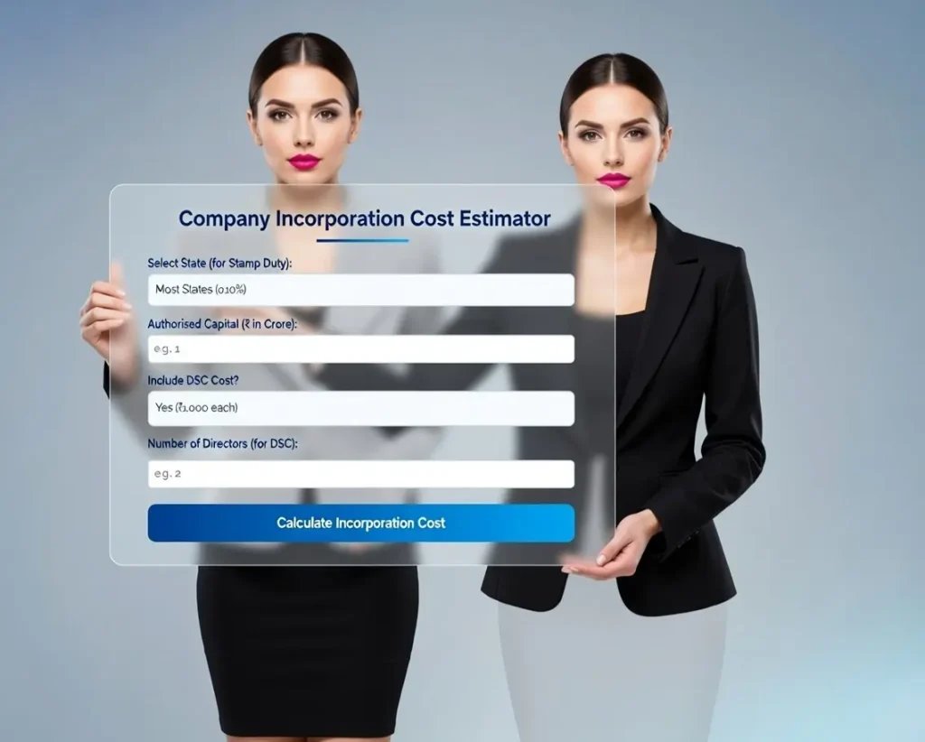 Company incorporation cost calculator interface showing authorised capital and stamp duty inputs